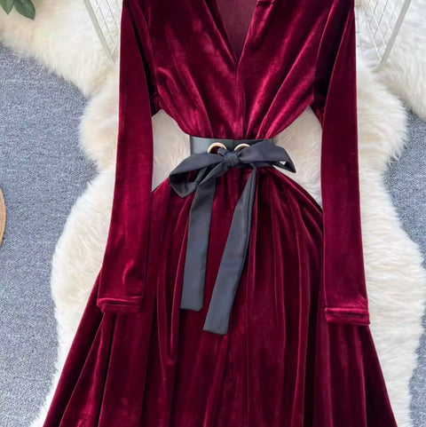 Premium V-neck Suede A-line Dress
