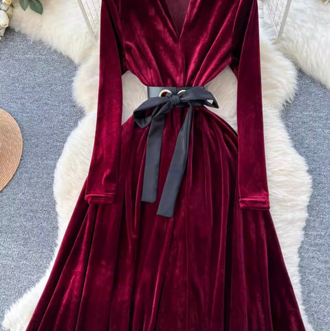 Premium V-neck Suede A-line Dress