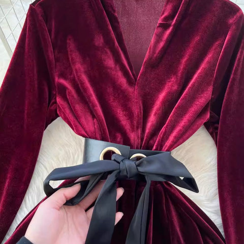 Premium V-neck Suede A-line Dress