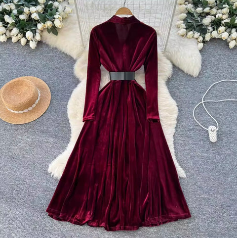 Premium V-neck Suede A-line Dress