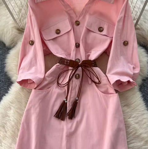 Casual Fifth-sleeve Pink Shirt Dress