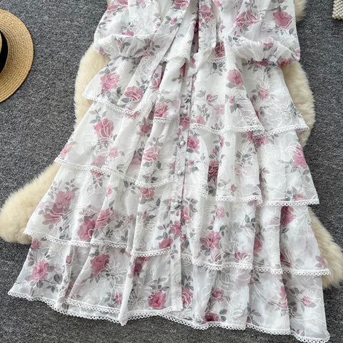 Floral Print Lace Cake Shirt Dress