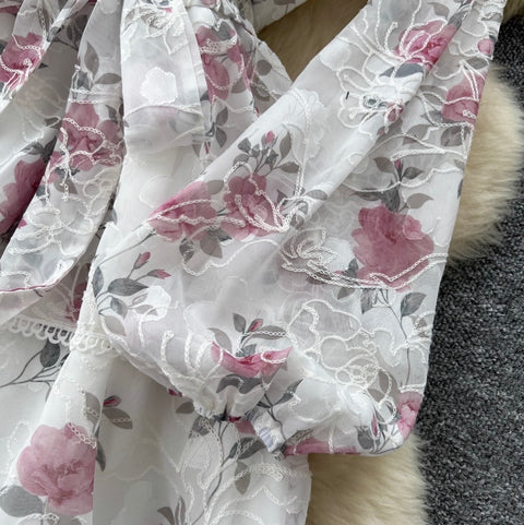 Floral Print Lace Cake Shirt Dress