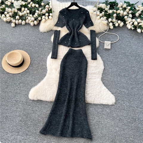 Beaded Sweater & Fishtail Skirt Knitted 2Pcs