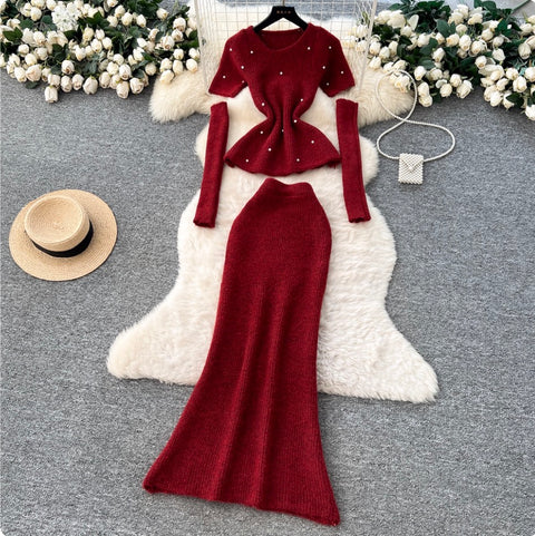 Beaded Sweater & Fishtail Skirt Knitted 2Pcs