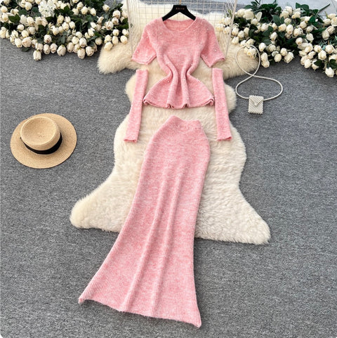 Beaded Sweater & Fishtail Skirt Knitted 2Pcs