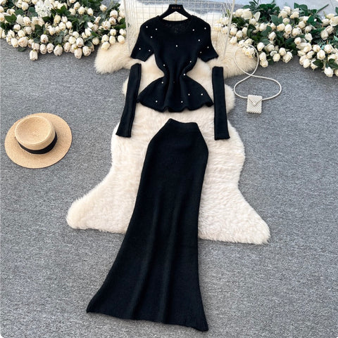 Beaded Sweater & Fishtail Skirt Knitted 2Pcs