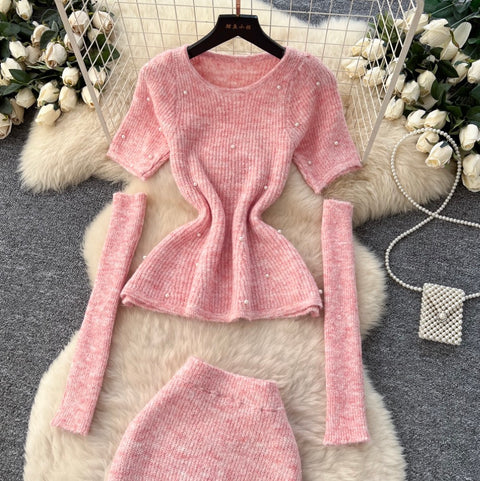 Beaded Sweater & Fishtail Skirt Knitted 2Pcs
