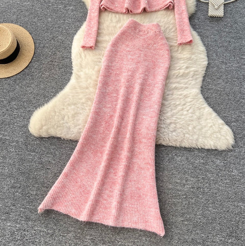 Beaded Sweater & Fishtail Skirt Knitted 2Pcs