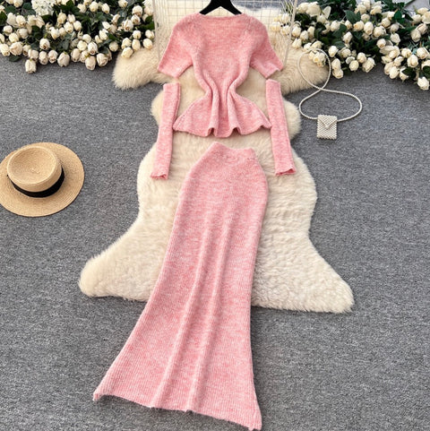 Beaded Sweater & Fishtail Skirt Knitted 2Pcs