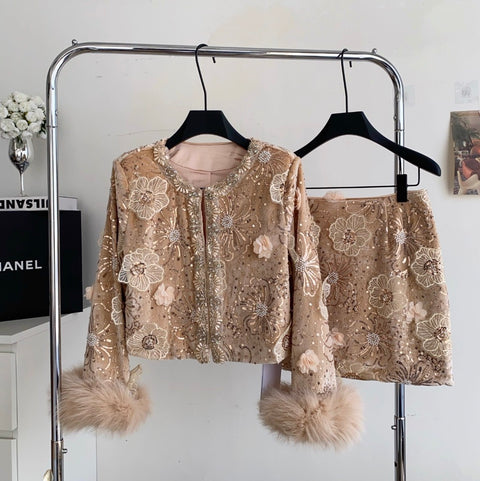 Furry Sequined Top & Skirt 2Pcs