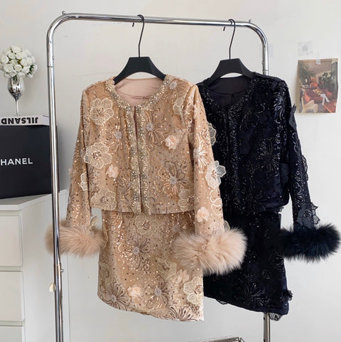 Furry Sequined Top & Skirt 2Pcs
