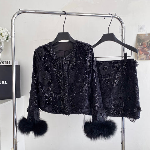 Furry Sequined Top & Skirt 2Pcs