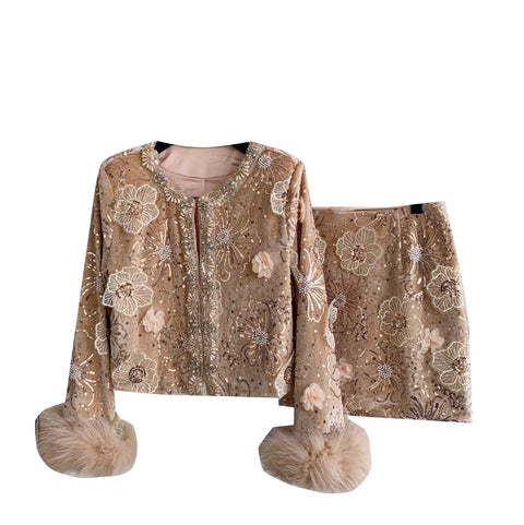 Furry Sequined Top & Skirt 2Pcs
