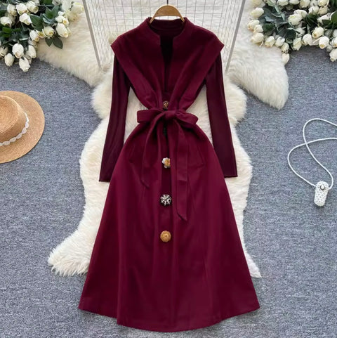 Premium Lace-up Tweed Patchwork Dress