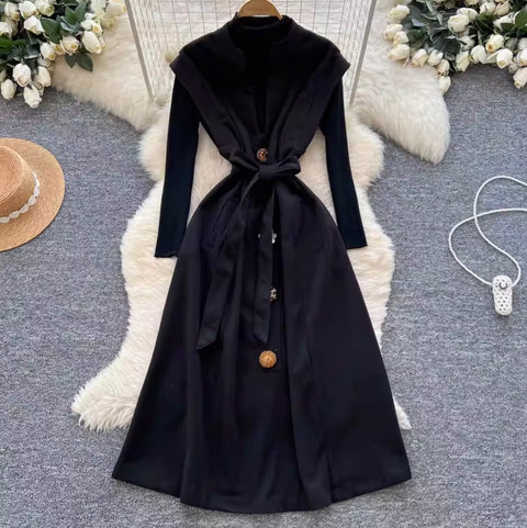 Premium Lace-up Tweed Patchwork Dress