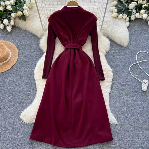 Premium Lace-up Tweed Patchwork Dress