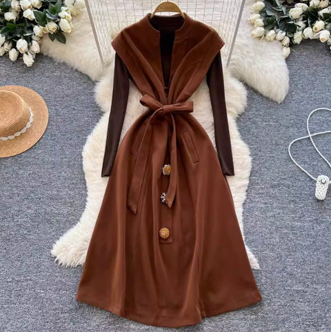 Premium Lace-up Tweed Patchwork Dress