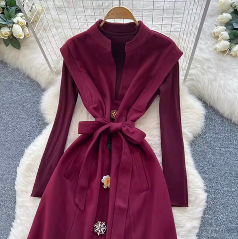 Premium Lace-up Tweed Patchwork Dress