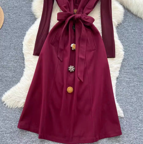 Premium Lace-up Tweed Patchwork Dress