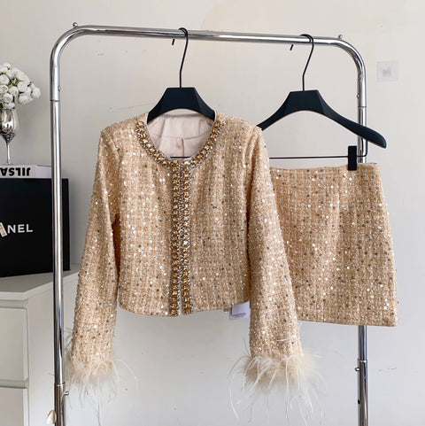 Furry Patchwork Blazer & Skirt 2Pcs