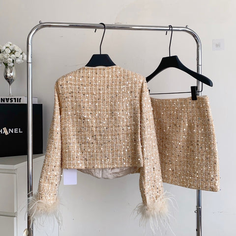 Furry Patchwork Blazer & Skirt 2Pcs