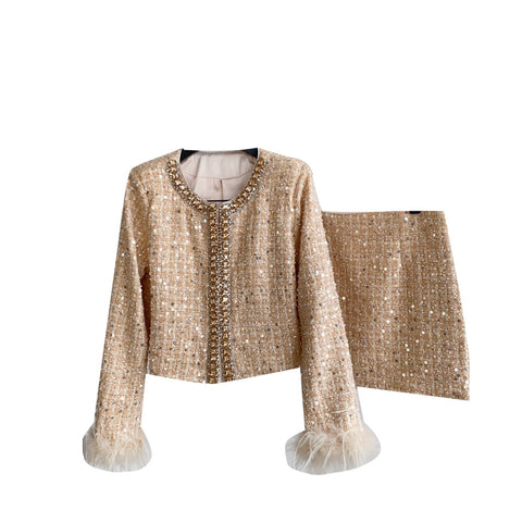 Furry Patchwork Blazer & Skirt 2Pcs