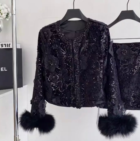 Furry Sequined Top & Skirt 2Pcs