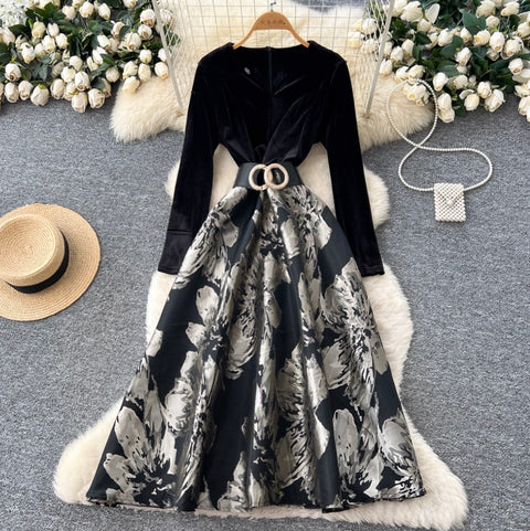 High-end Jacquard Black Dress with Belt