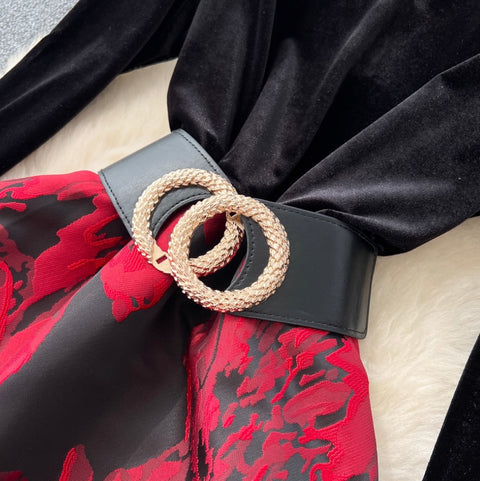 High-end Jacquard Black Dress with Belt