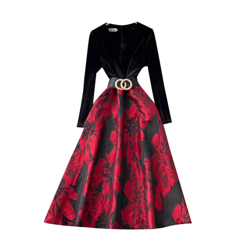 High-end Jacquard Black Dress with Belt