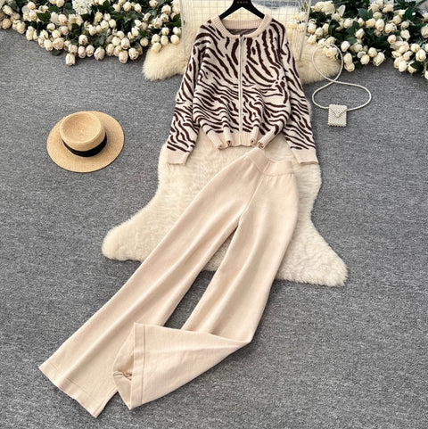 Print Knitwear & Wide-leg Trousers 2Pcs