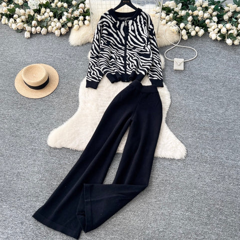 Print Knitwear & Wide-leg Trousers 2Pcs