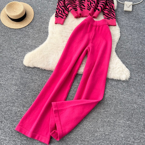 Print Knitwear & Wide-leg Trousers 2Pcs