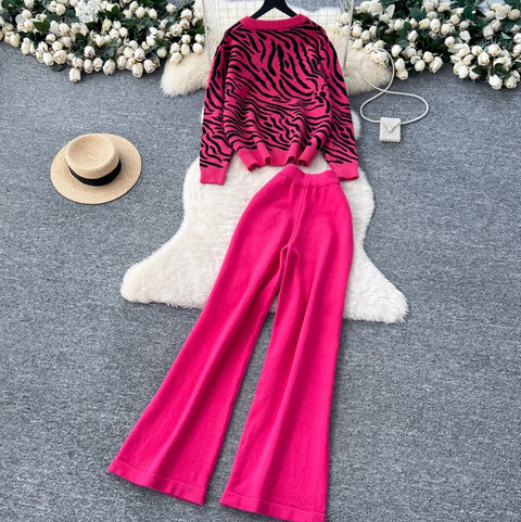 Print Knitwear & Wide-leg Trousers 2Pcs