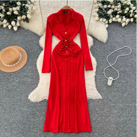 Elegant Lapeled Pleated Shirt Dress