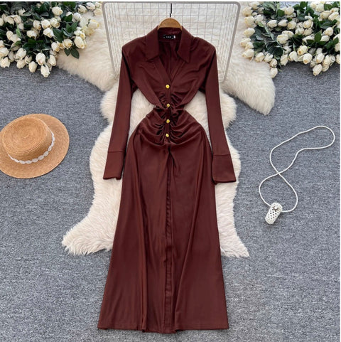 Elegant Lapeled Pleated Shirt Dress