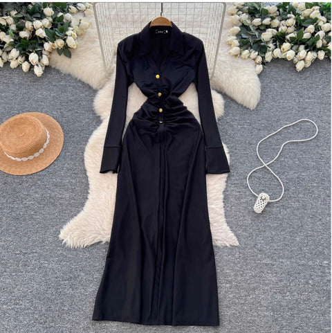 Elegant Lapeled Pleated Shirt Dress