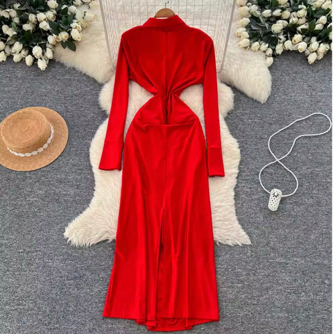 Elegant Lapeled Pleated Shirt Dress