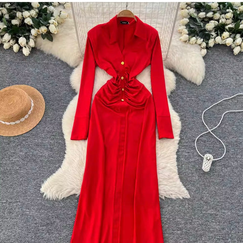 Elegant Lapeled Pleated Shirt Dress