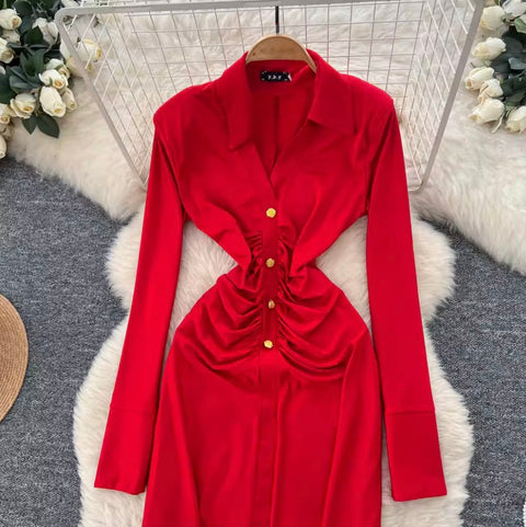 Elegant Lapeled Pleated Shirt Dress