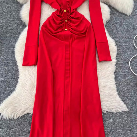 Elegant Lapeled Pleated Shirt Dress