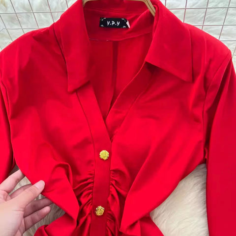 Elegant Lapeled Pleated Shirt Dress