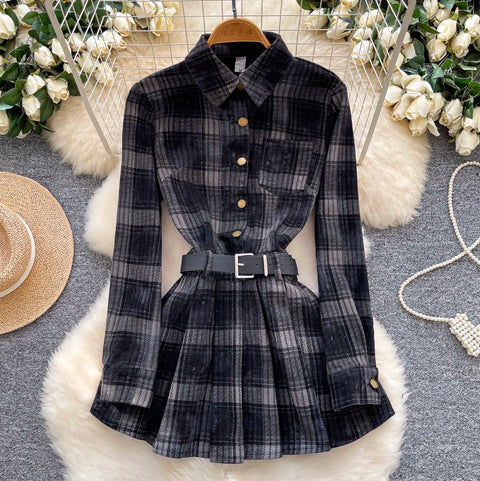 Plaid Pleated Shirt Dress with Belt
