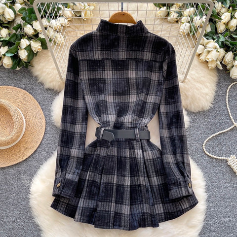 Plaid Pleated Shirt Dress with Belt