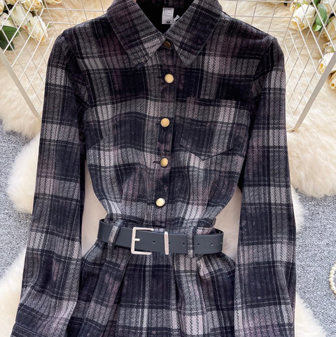 Plaid Pleated Shirt Dress with Belt