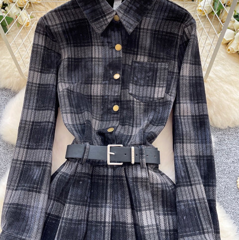 Plaid Pleated Shirt Dress with Belt