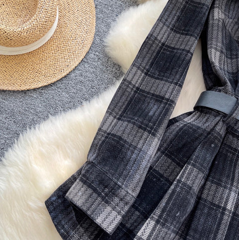 Plaid Pleated Shirt Dress with Belt
