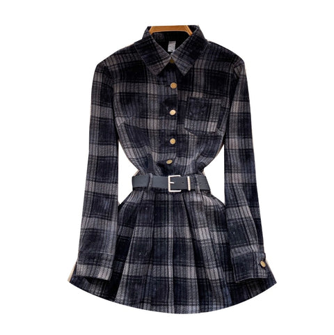 Plaid Pleated Shirt Dress with Belt
