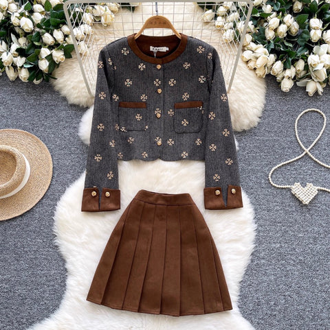 Sequined Cardigan & Pleated Skirt 2Pcs